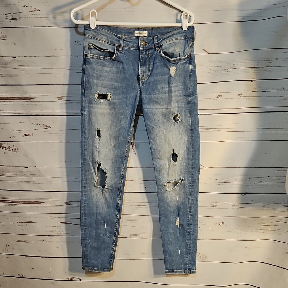 Zara Blue Skinny Jeans with‎ Distressed Details
